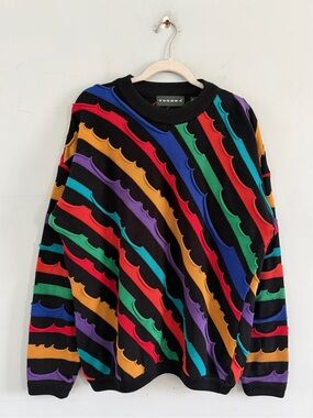 Vintage Tundra Canada Black Rainbow Wave 3D Knit Black Sweater Coogi Hip Hop